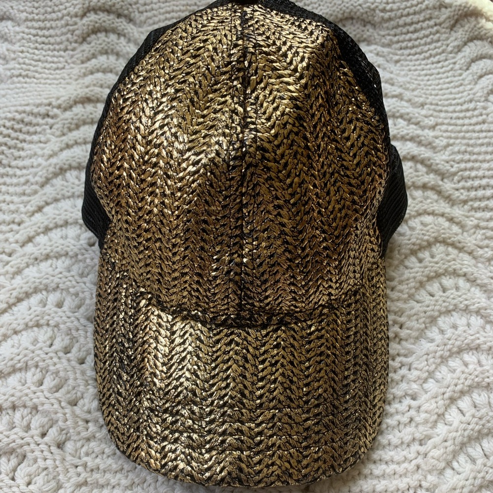 Bebe Gold and Black Woven Mesh Baseball Cap Hat Adjustable Sparkly Fun